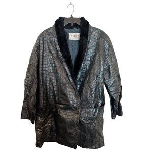 Vintage Pia Rucci Black Croc-Embossed Leather Jacket W/ Faux Fur Collar & Quilte